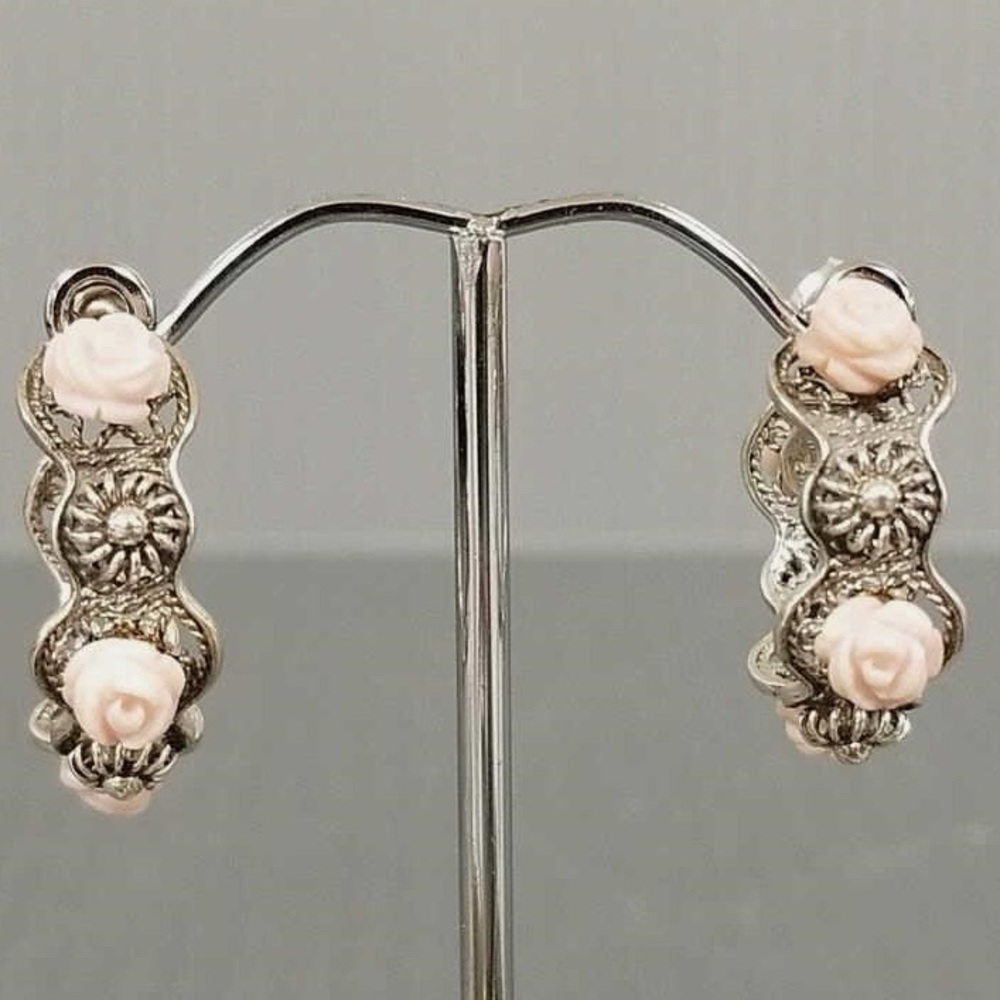 Artisan Crafted Carved Pink Opal Flower Hoop Earrings Sterling Silver